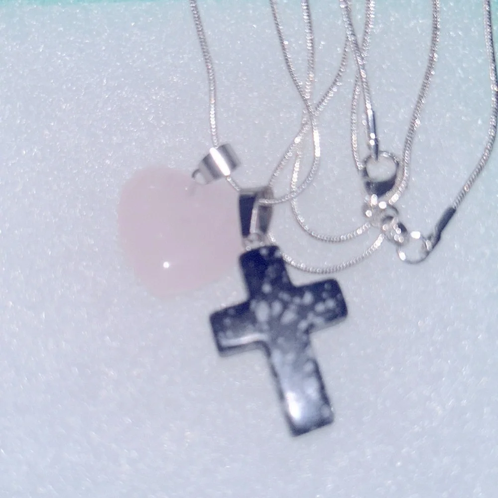 Boho hippie Obsidian Cross & Rose Quartz heart Sterling Silver 24” Neckl…